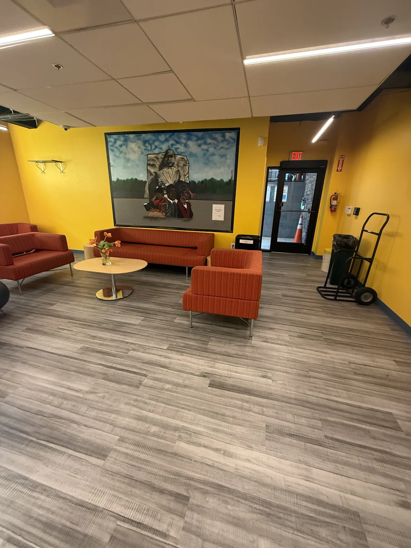 Colorful customer-facing commercial lobby with seating