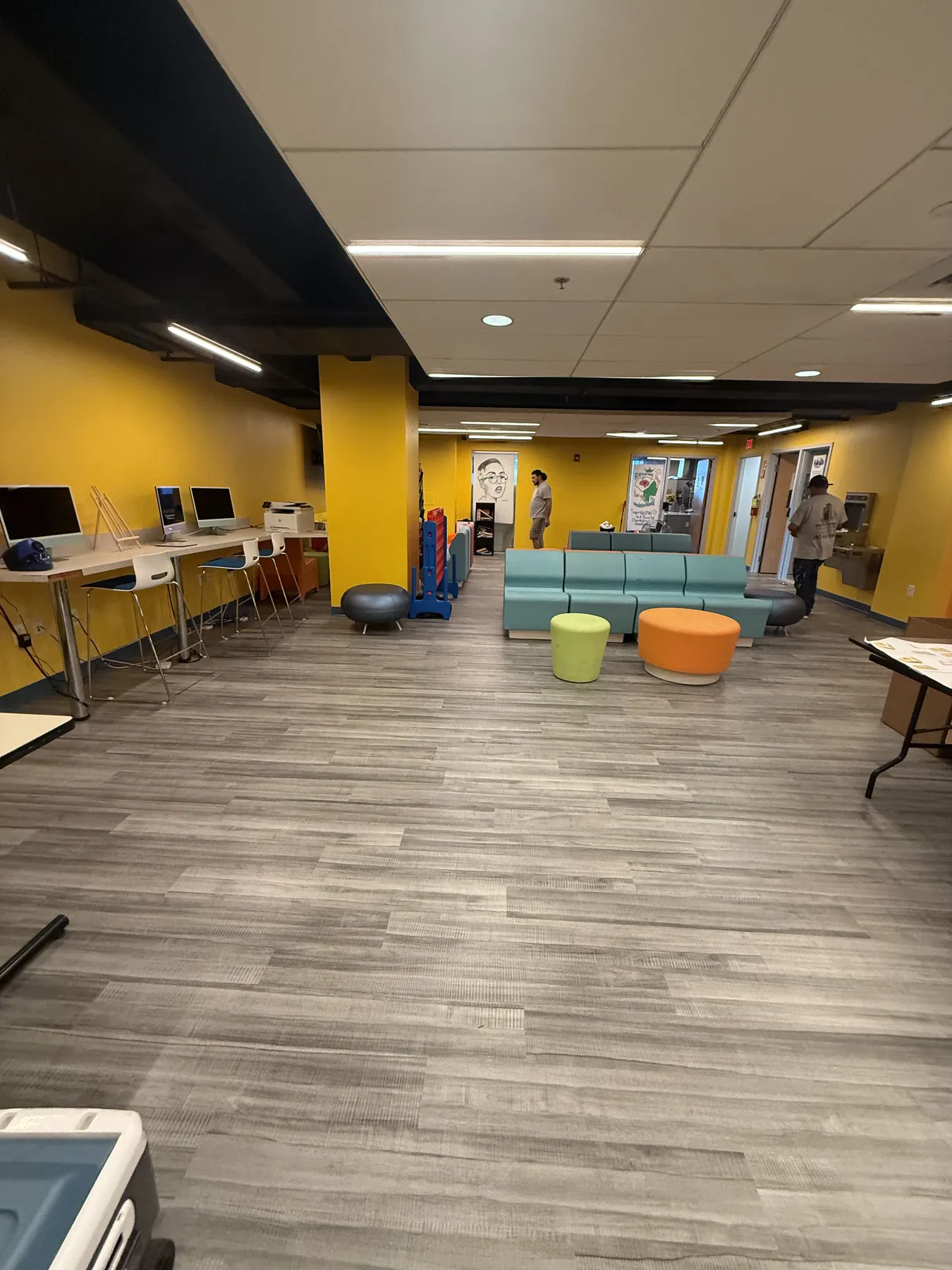 Wide view of a completed colorful commercial interior